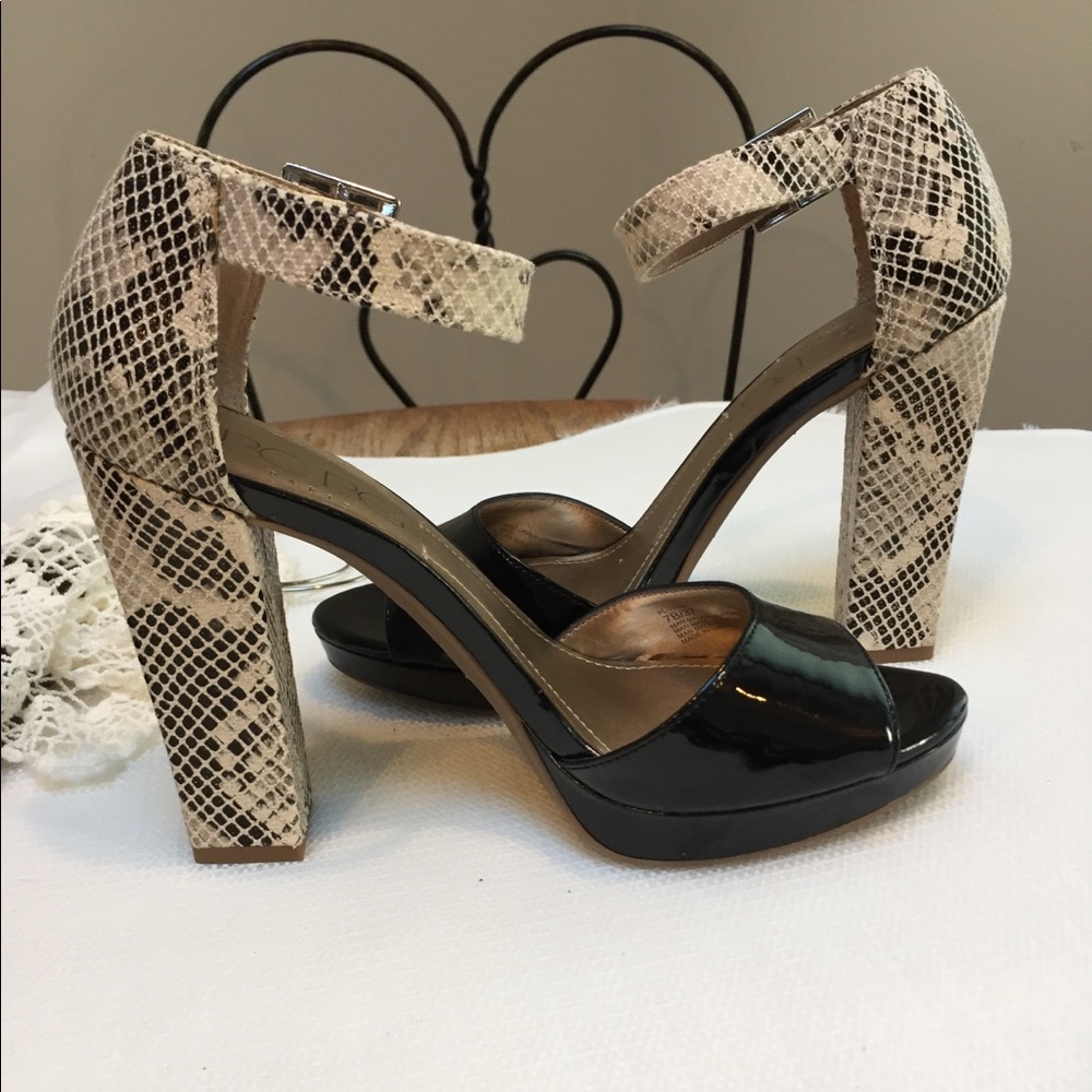 BCBG black patent leather accent faux snake skin